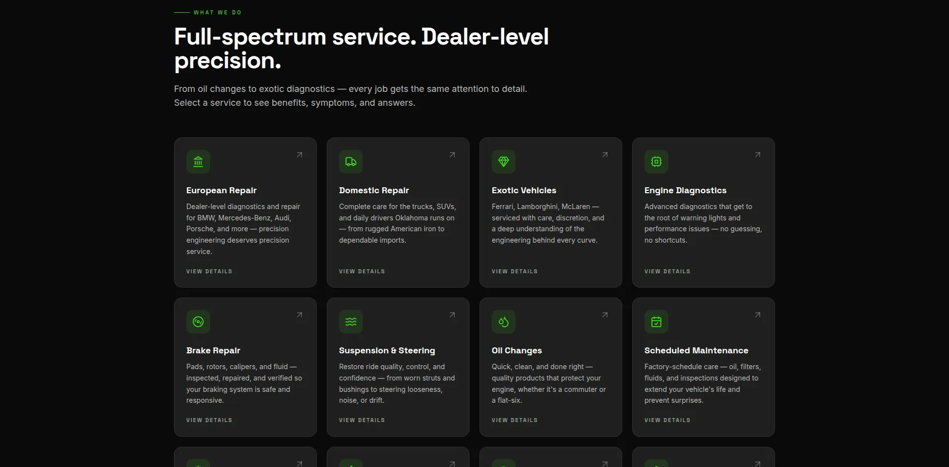 The services grid, each repair type given its own card and its own detail page rather than a single combined list.