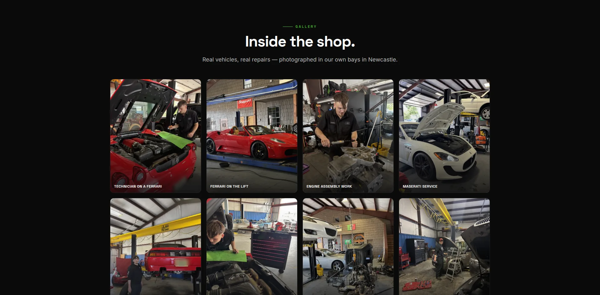 The shop gallery: technicians working on a Ferrari, a Maserati, and an engine assembly, photographed in the shop's own bays.