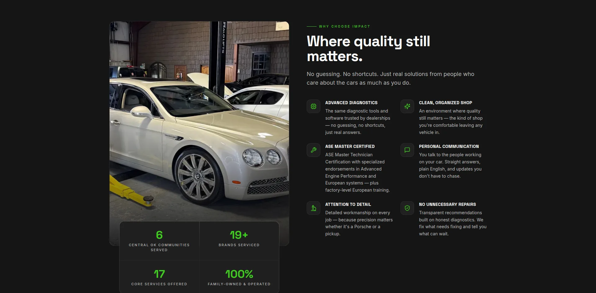 The Why Choose Impact section pairing dealer-level diagnostic tooling, ASE Master certification, and a no-unnecessary-repairs commitment.