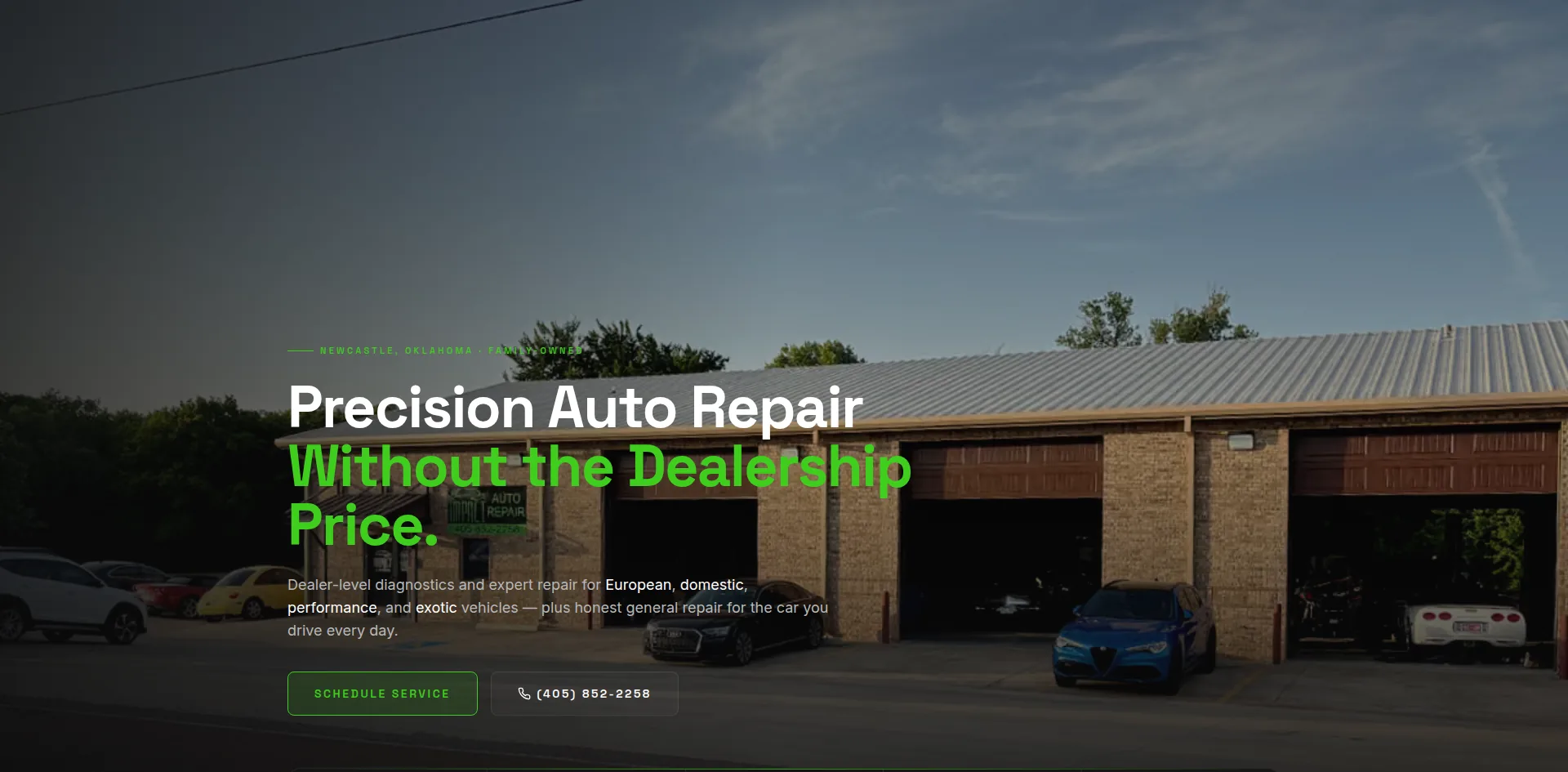 The Impact Auto Repair homepage hero reading 'Precision auto repair without the dealership price', set over a photograph of the shop's bays in Newcastle with the certification and specialism strip beneath it.
