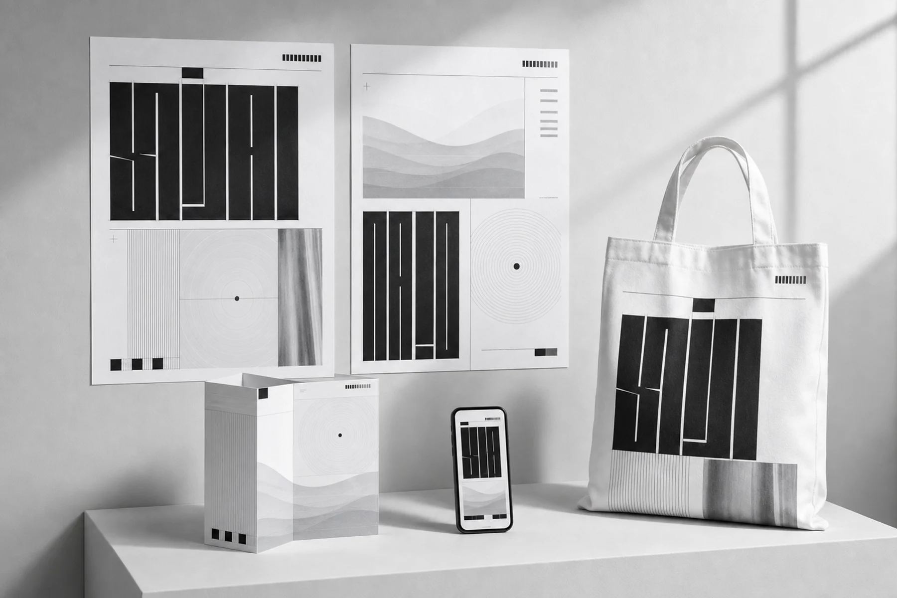 A monochrome campaign system applied to posters, packaging, a tote, and a mobile graphic.