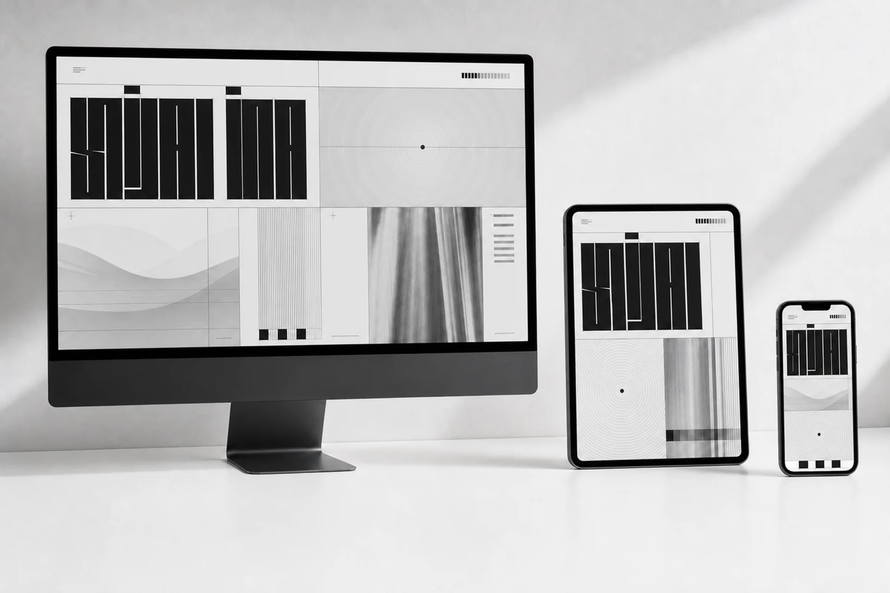 A coordinated monochrome website displayed across desktop, tablet, and mobile screens.