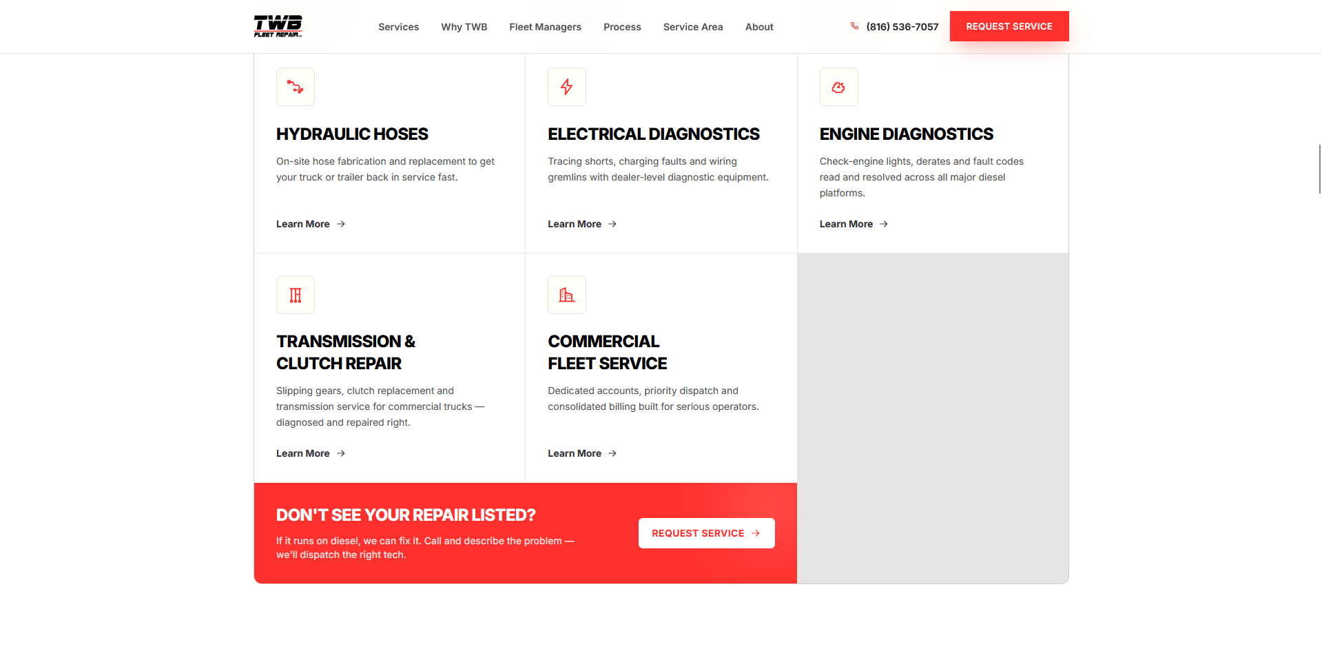 The services grid naming individual repairs including hydraulic hoses, electrical diagnostics, engine diagnostics and transmission work.
