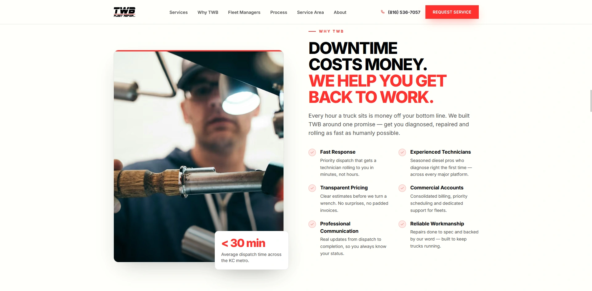 The Why TWB section headed 'Downtime costs money', pairing a technician at work with six specific service commitments.