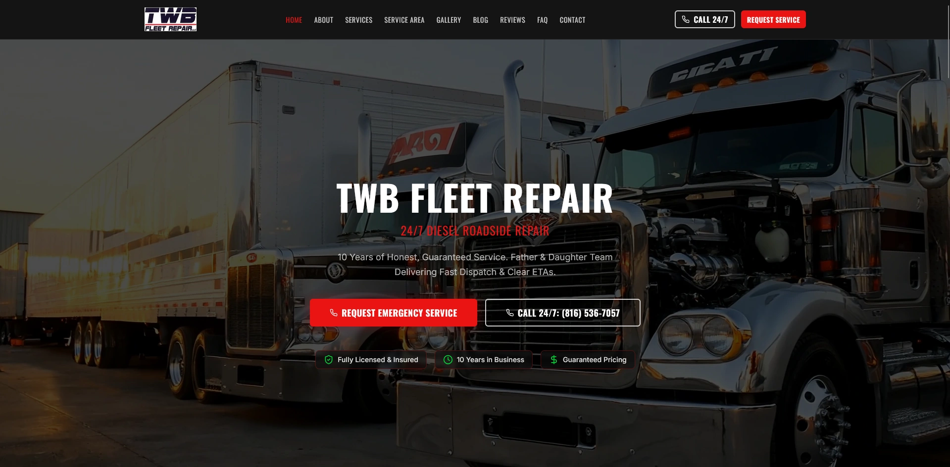 The previous website hero: the company name set over a photograph of parked trucks, with nine navigation destinations above it.