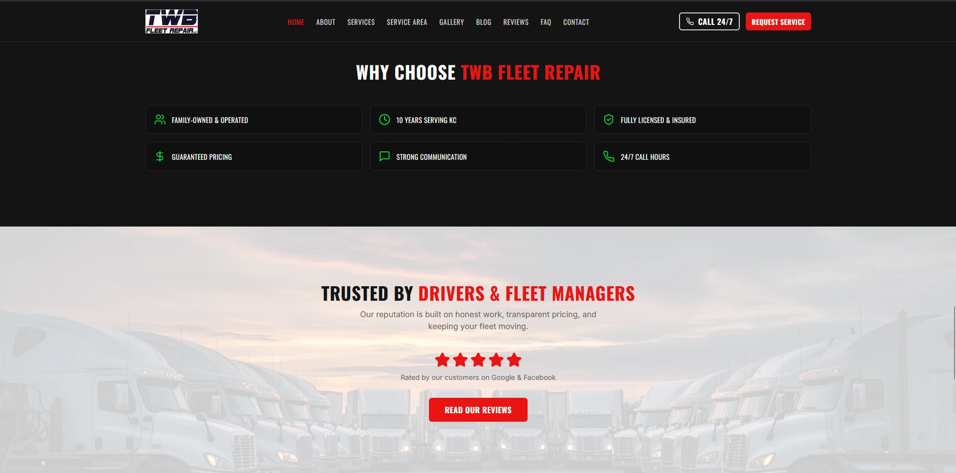 The previous site's proof section: six generic badges above a star rating and a 'read our reviews' button, with no review text on the page.