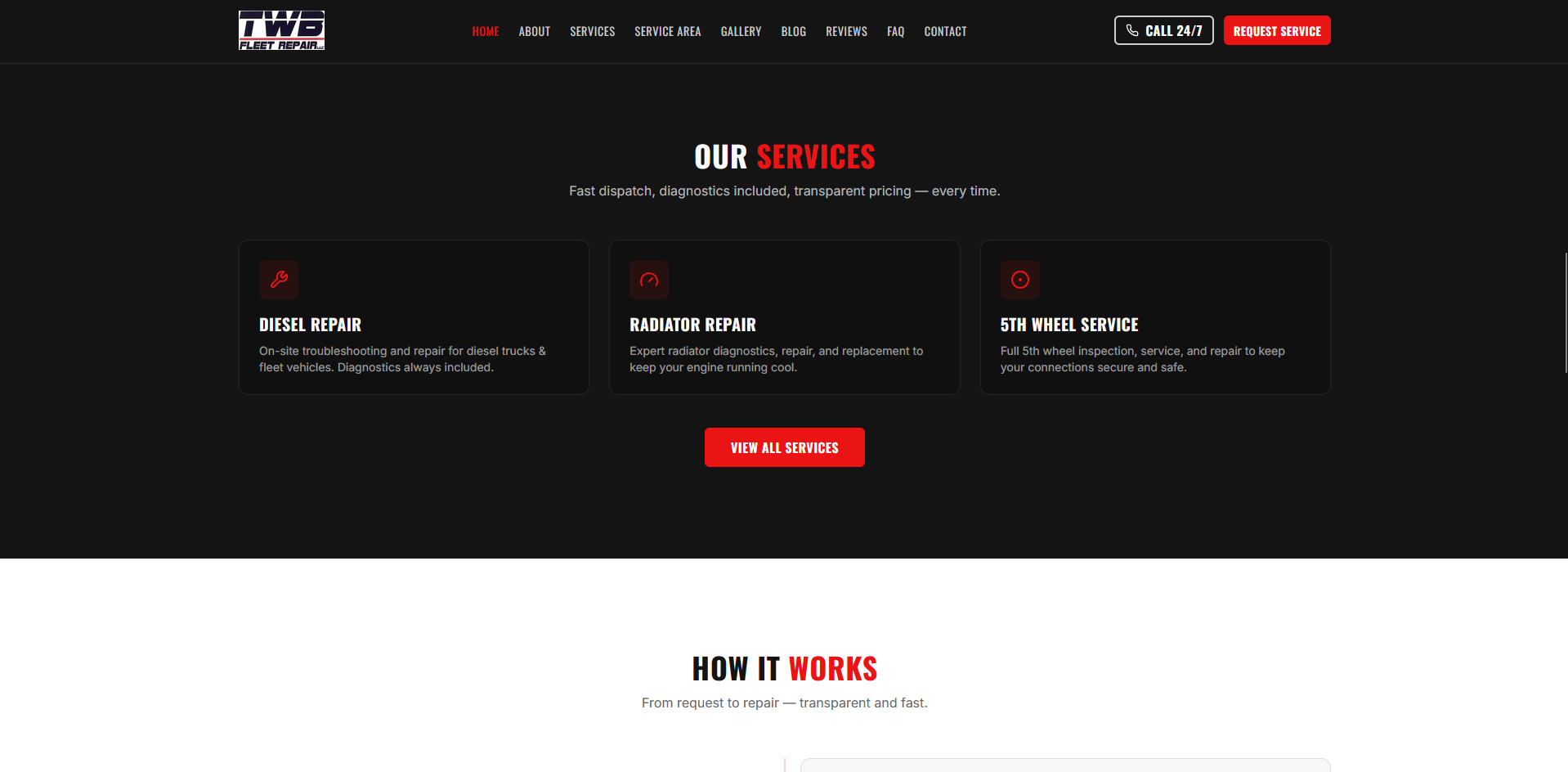 The previous services section, showing three repair types and a 'view all services' button leading to a separate page.