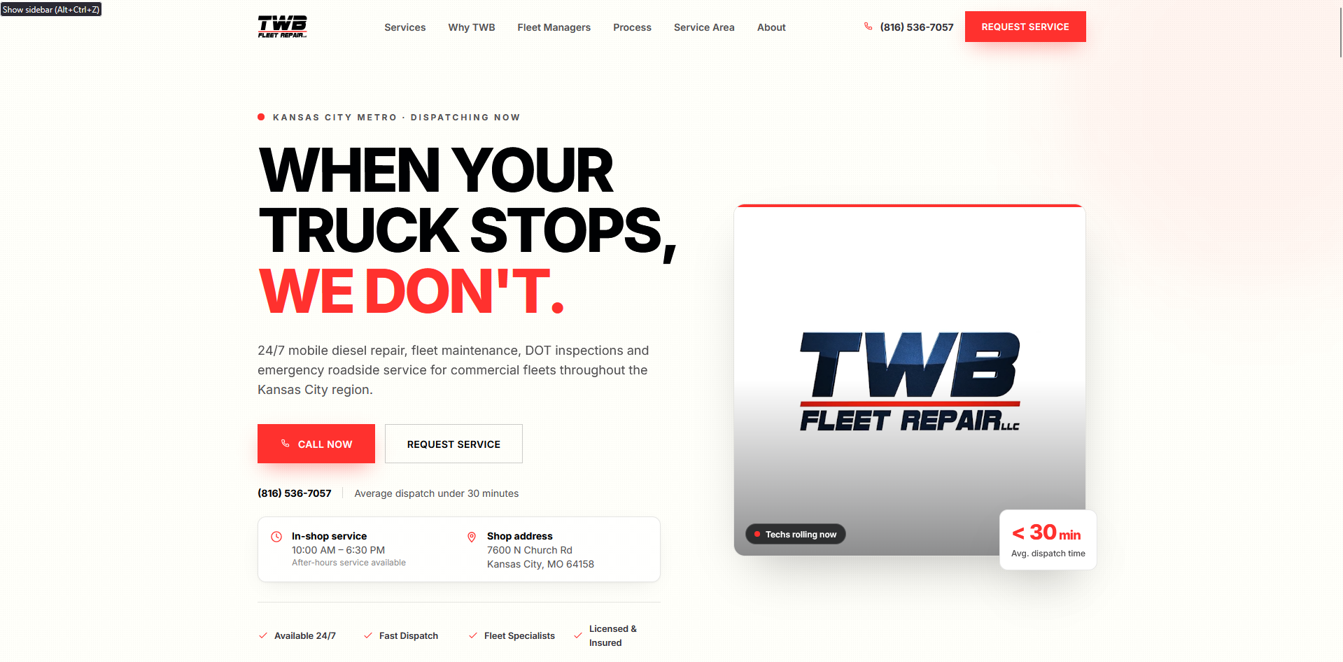 The TWB Fleet Repair homepage hero reading 'When your truck stops, we don't', with the dispatch number, shop hours and address alongside the company logo.