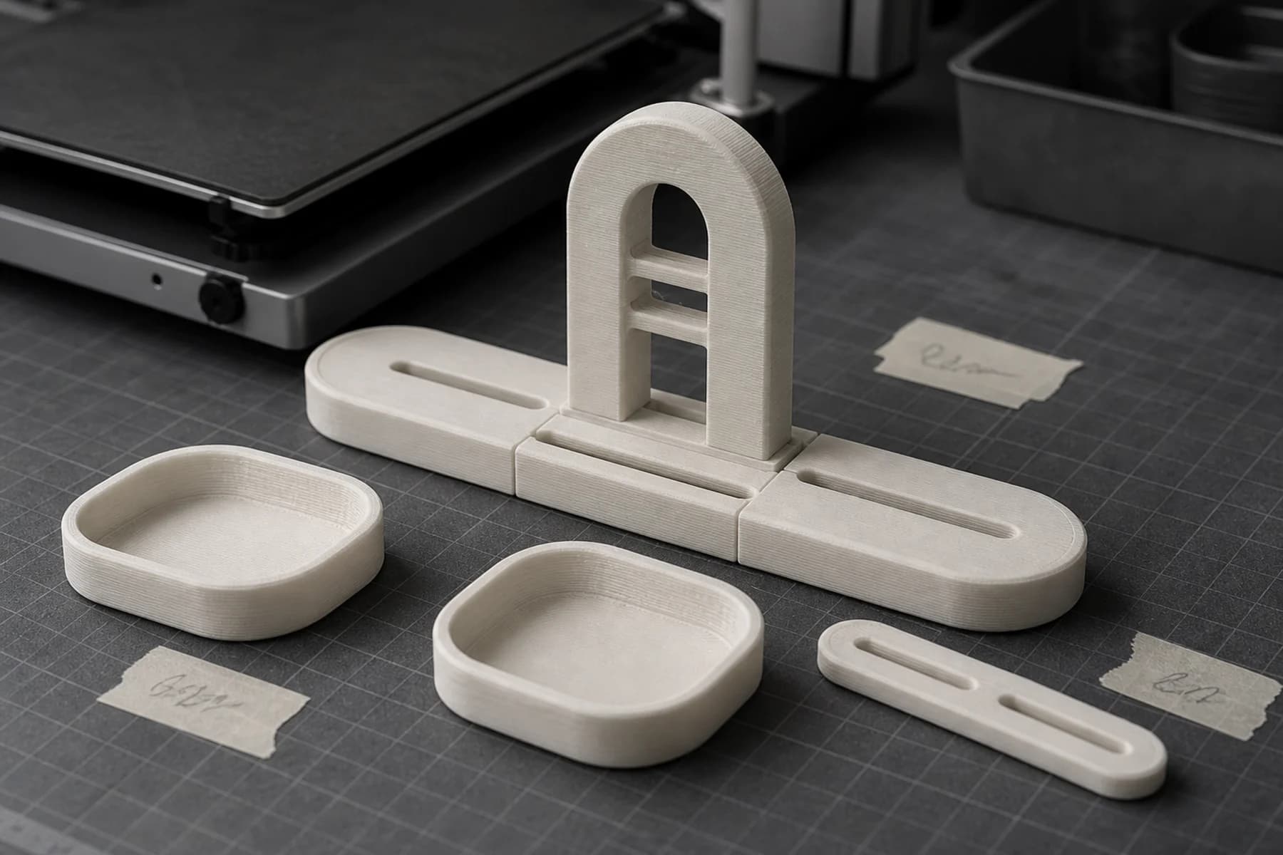 An early off-white FDM prototype of a modular desktop organizer arranged on a workbench.