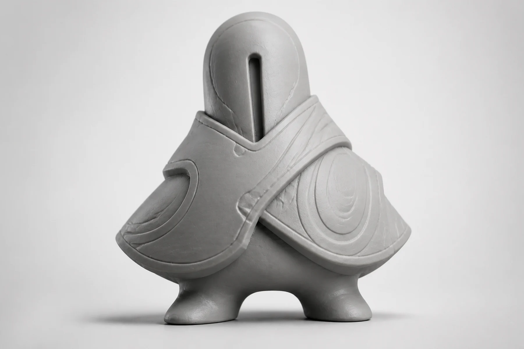 A close view of a cleaned and matte-primed resin collectible prototype.