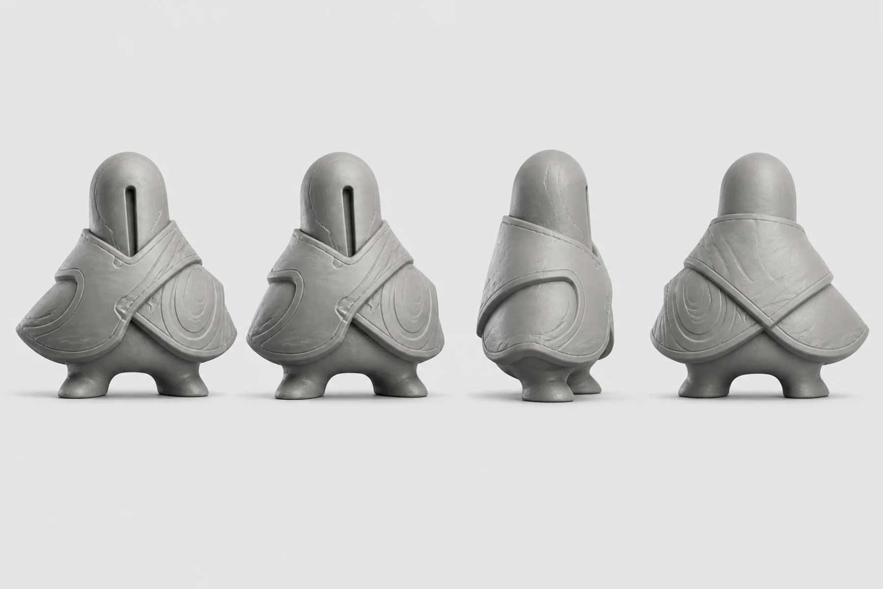 Four turnaround views of an original guardian character digital sculpt.